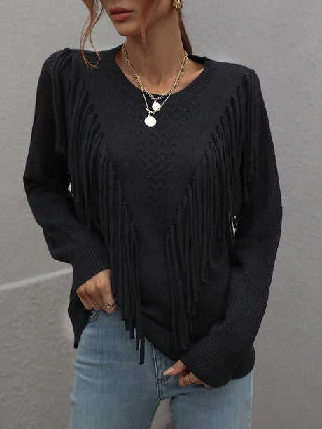 Double Take Fringe Detail Ribbed Trim Sweater king-general-store-5710.myshopify.com