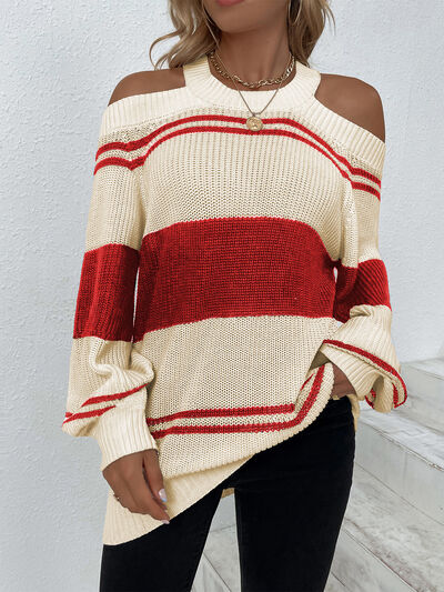 Color Block Striped Cold Shoulder Sweater king-general-store-5710.myshopify.com