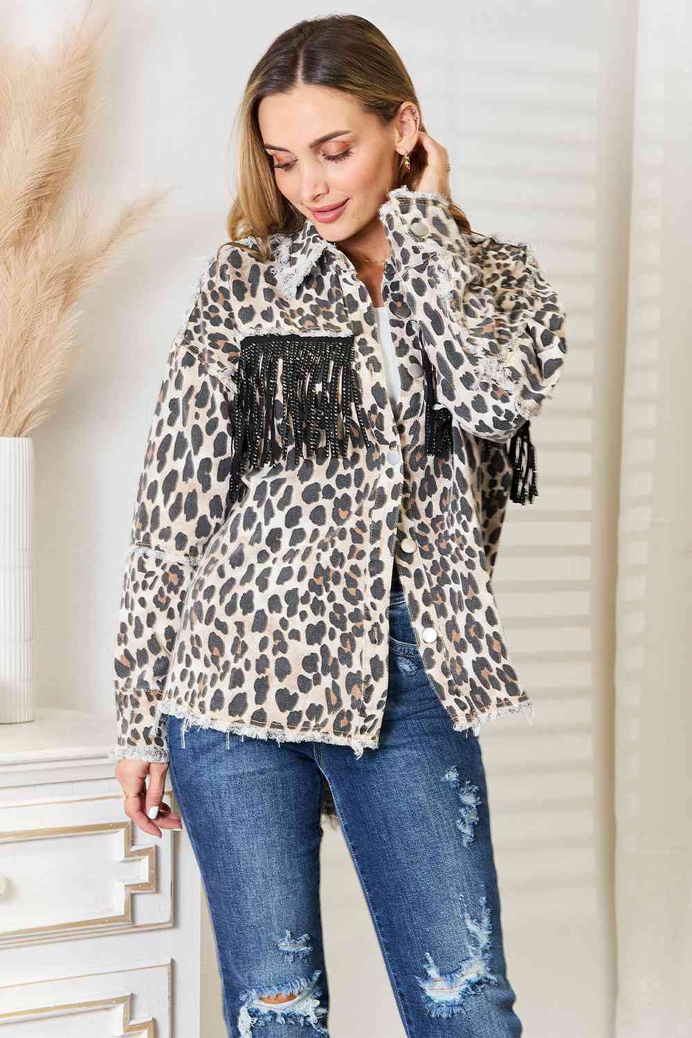 Double Take Leopard Fringe Detail Collared Neck Denim Jacket king-general-store-5710.myshopify.com