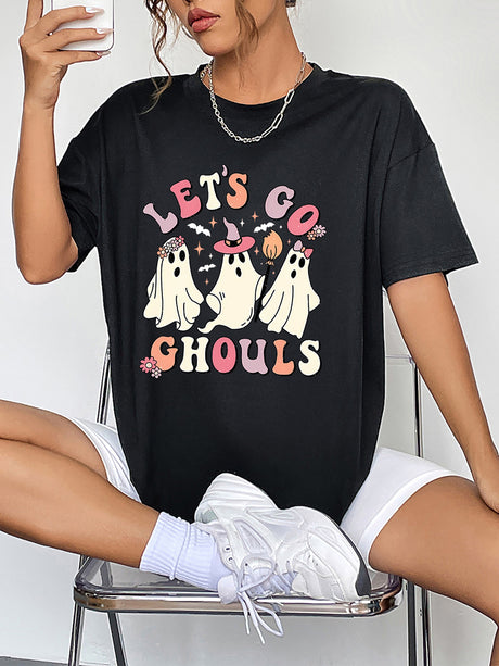 Round Neck Short Sleeve LET'S GO GHOULS Graphic T-Shirt king-general-store-5710.myshopify.com