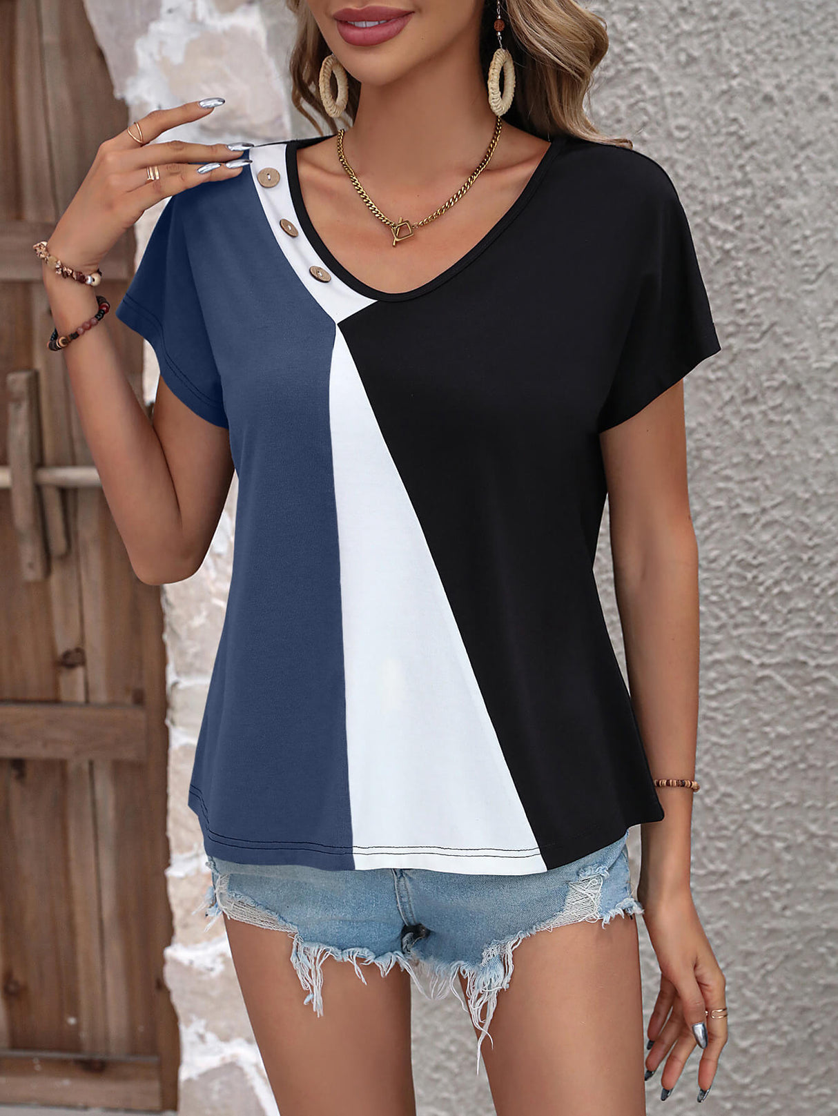 Color Block Decorative Button V-Neck Tee king-general-store-5710.myshopify.com