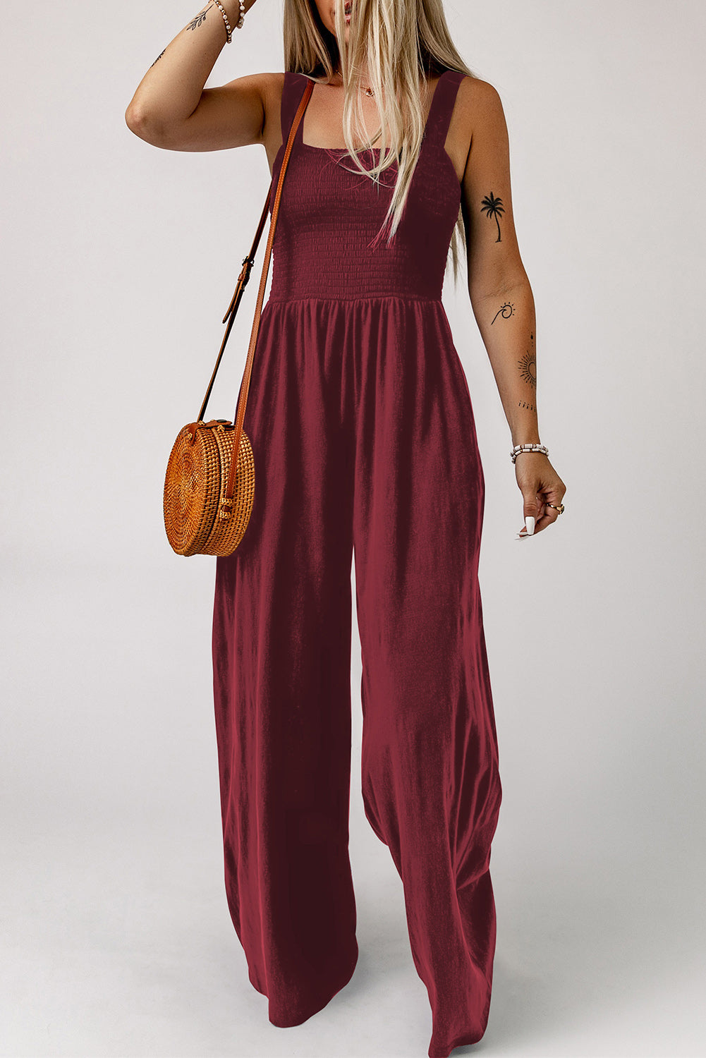 Smocked Square Neck Wide Leg Jumpsuit with Pockets king-general-store-5710.myshopify.com