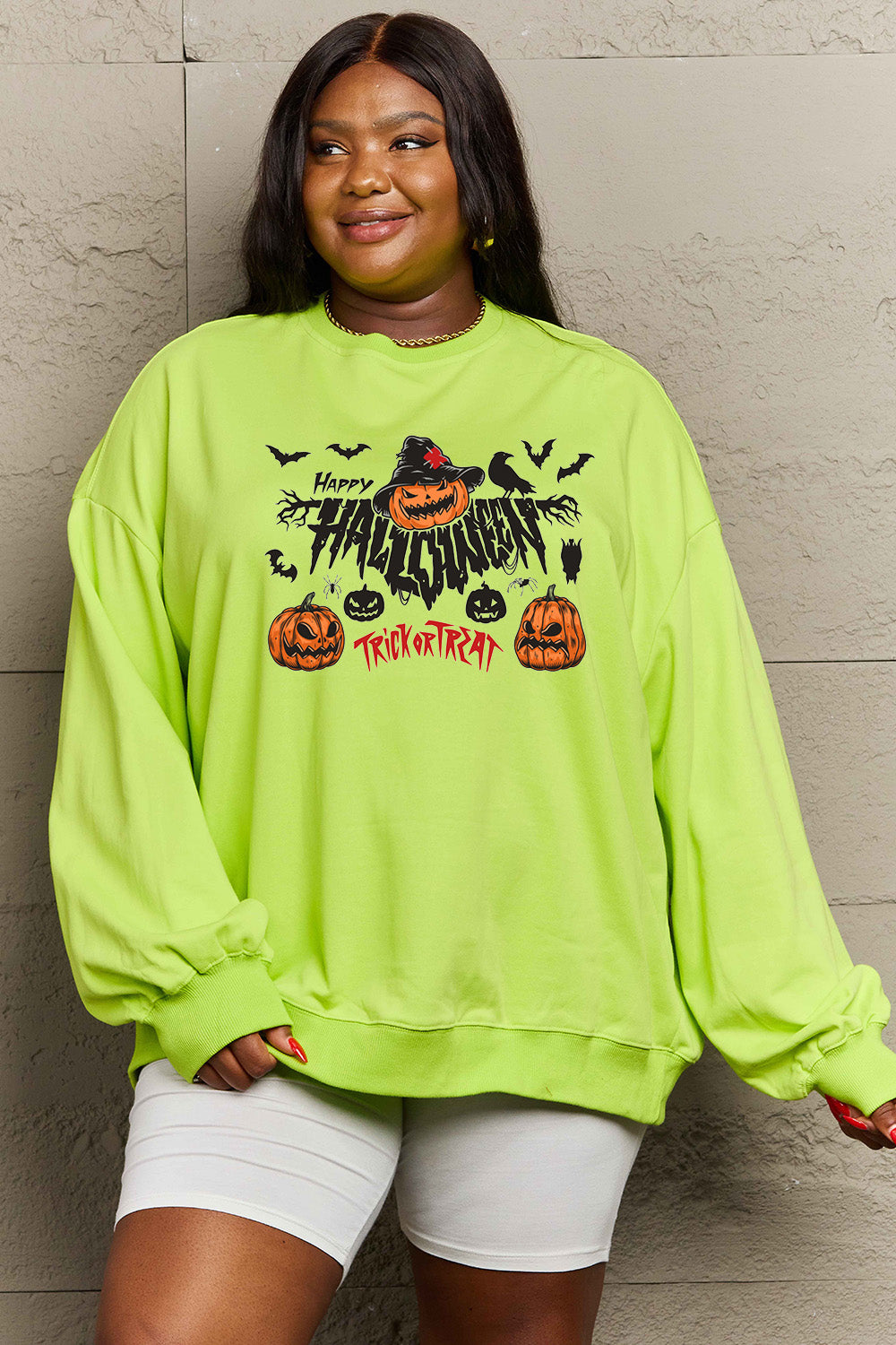 Simply Love Full Size HAPPY HALLOWEEN TRICK OR TREAT Graphic Sweatshirt king-general-store-5710.myshopify.com