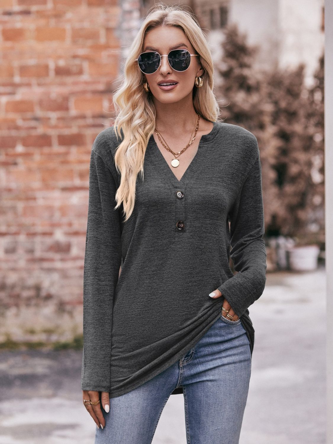 Buttoned Notched Neck Long Sleeve Top king-general-store-5710.myshopify.com