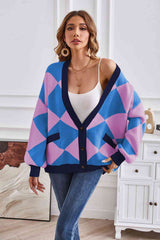 Geometric Lantern Sleeve Cardigan with Pockets king-general-store-5710.myshopify.com