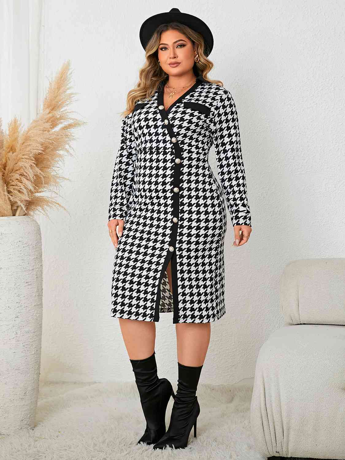 Plus Size Houndstooth Long Sleeve Slit Dress king-general-store-5710.myshopify.com