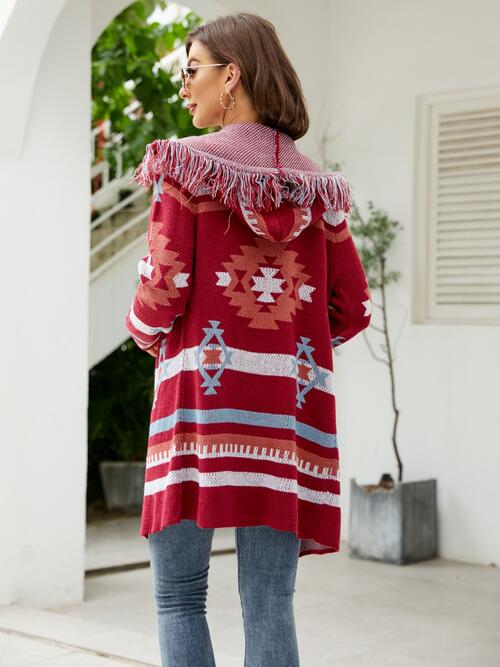 Fringe Geometric Hooded Long Sleeve Cardigan king-general-store-5710.myshopify.com