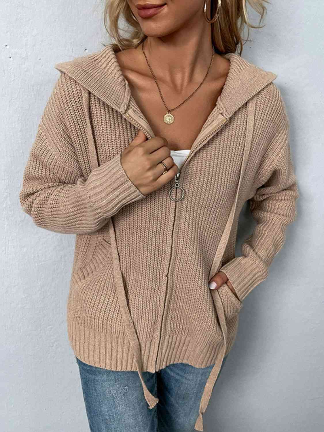 Zip-Up Drawstring Detail Hooded Cardigan king-general-store-5710.myshopify.com