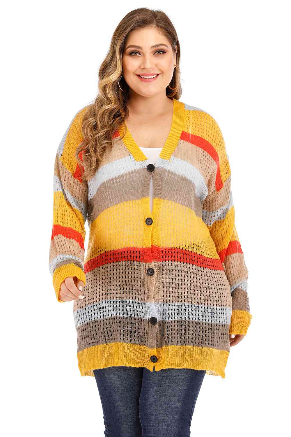 Plus Openwork Color Block Button Up Cardigan king-general-store-5710.myshopify.com