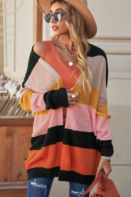 Striped Waffle Knit Open Front Cardigan king-general-store-5710.myshopify.com