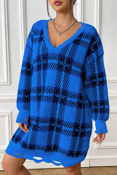 Plaid V-Neck Long Sleeve Sweater Dress king-general-store-5710.myshopify.com