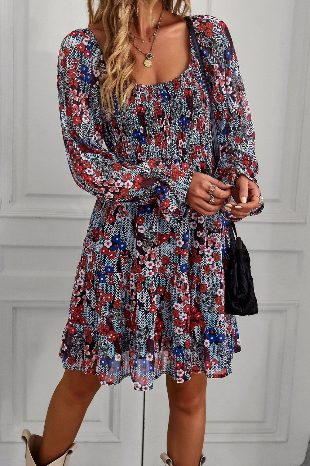 Floral Long Flounce Sleeve Square Neck Dress king-general-store-5710.myshopify.com