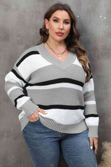 Plus Size Striped V-Neck Dropped Shoulder Sweater king-general-store-5710.myshopify.com