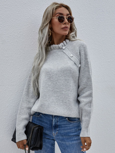 Button Detail Frill Neck Rib-Knit Sweater king-general-store-5710.myshopify.com