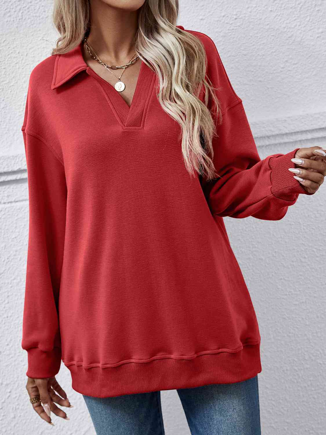 Collared Neck Dropped Shoulder Sweatshirt king-general-store-5710.myshopify.com