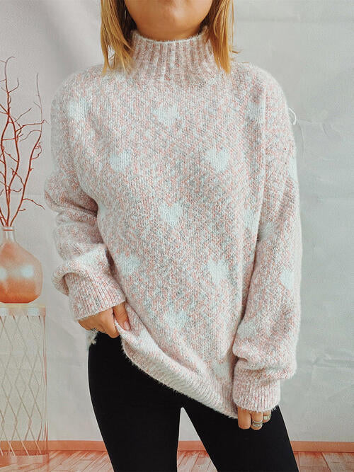 Heart Heathered Turtleneck Drop Shoulder Sweater king-general-store-5710.myshopify.com