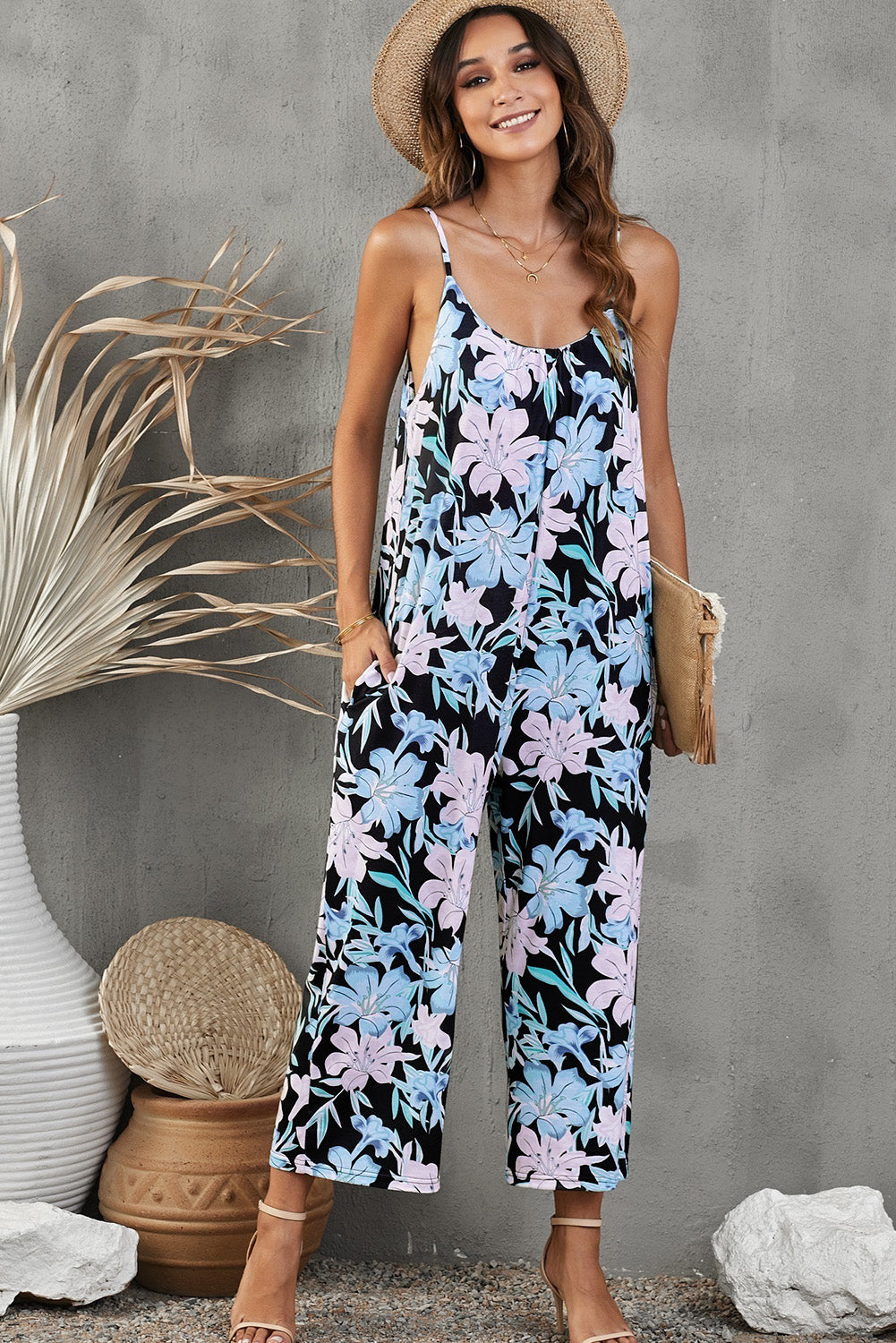 Botanical Print Spaghetti Strap Cropped Jumpsuit king-general-store-5710.myshopify.com