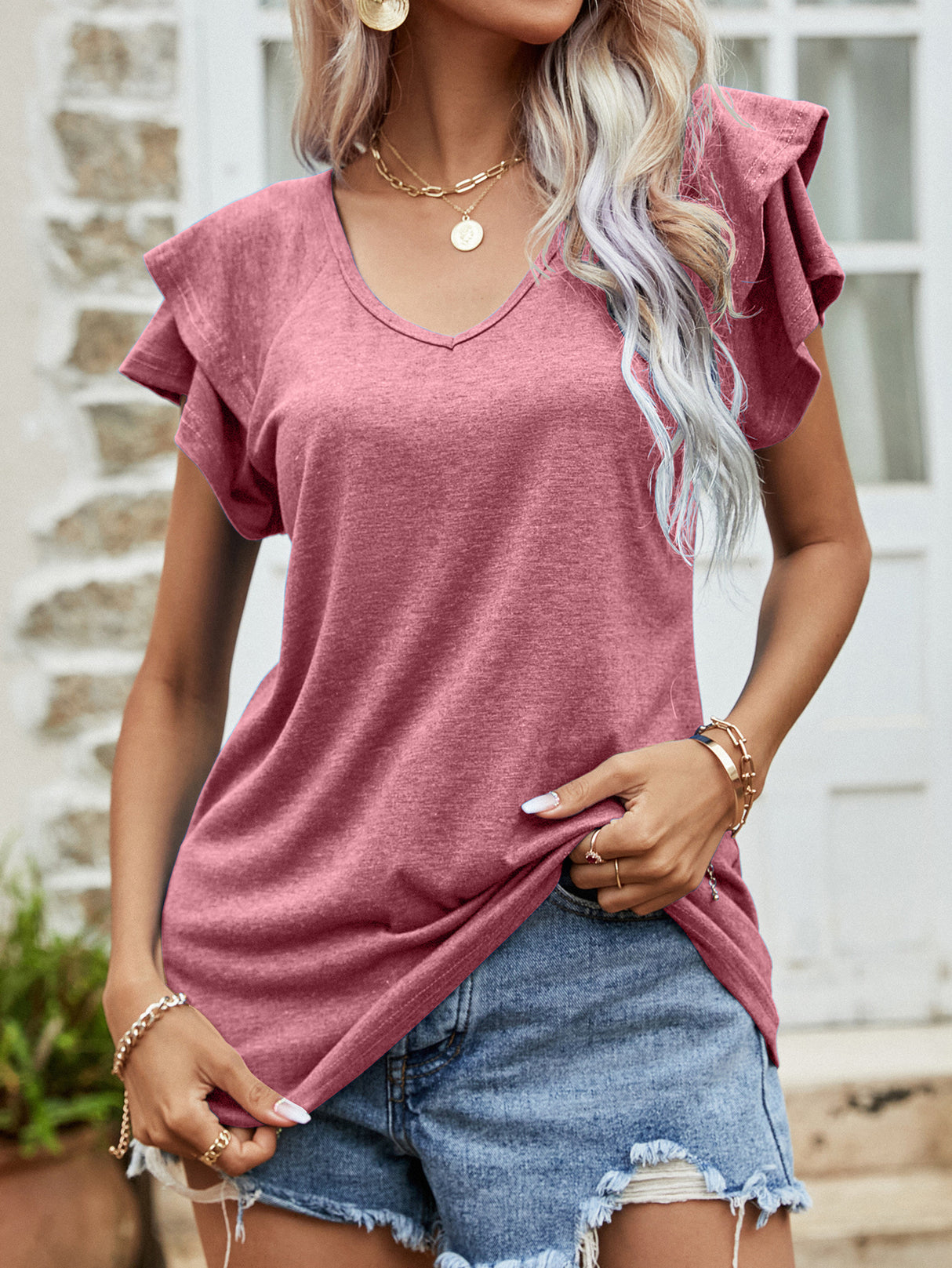 Layered Flutter Sleeve V-Neck Top king-general-store-5710.myshopify.com