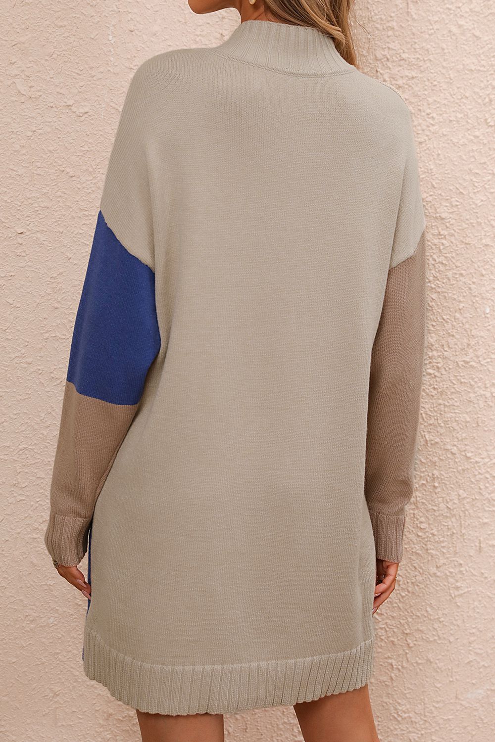 Color Block Mock Neck Dropped Shoulder Sweater Dress king-general-store-5710.myshopify.com