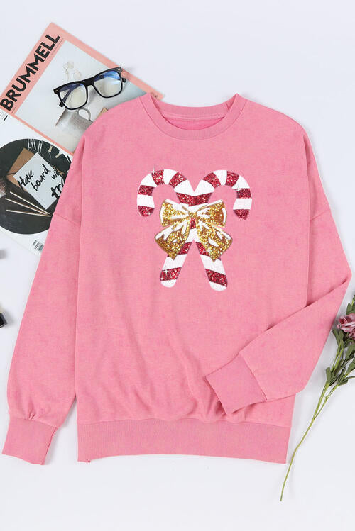 Sequin Candy Cane Round Neck Slit Sweatshirt king-general-store-5710.myshopify.com