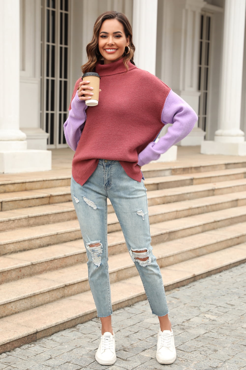 Color Block Turtleneck Slit Sweater king-general-store-5710.myshopify.com