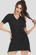 Buttoned Short Sleeve V-Neck Knit Dress king-general-store-5710.myshopify.com