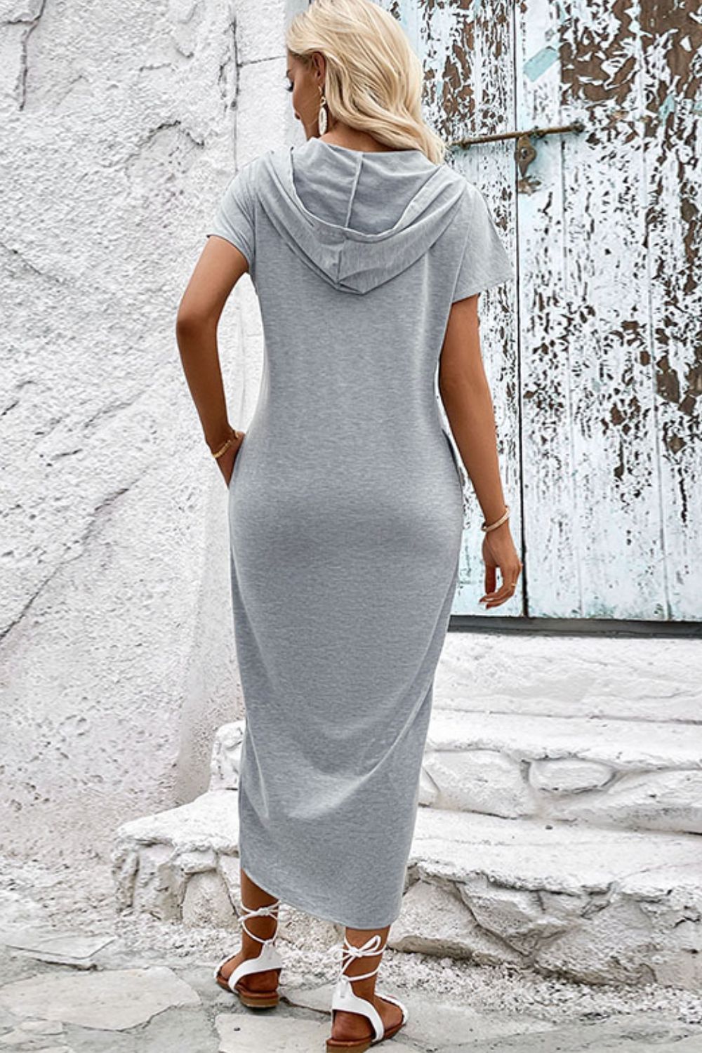 Short Sleeve Front Slit Hooded Dress king-general-store-5710.myshopify.com