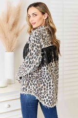 Double Take Leopard Fringe Detail Collared Neck Denim Jacket king-general-store-5710.myshopify.com