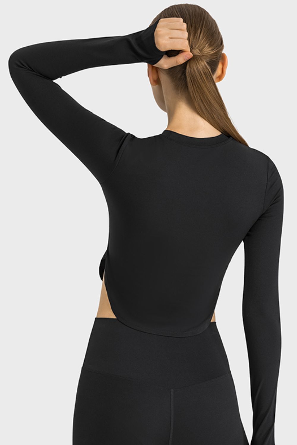 Side Slit Long Sleeve Round Neck Crop Top king-general-store-5710.myshopify.com