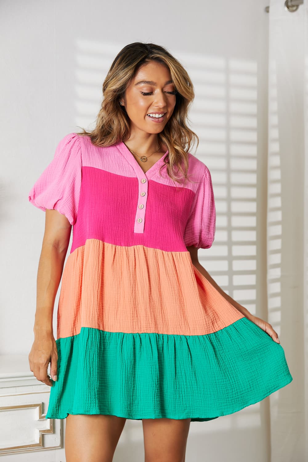 Double Take Color Block Buttoned Puff Sleeve Dress king-general-store-5710.myshopify.com