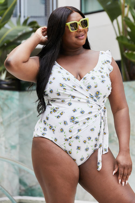 Marina West Swim Float On Ruffle Faux Wrap One-Piece in Daisy Cream king-general-store-5710.myshopify.com