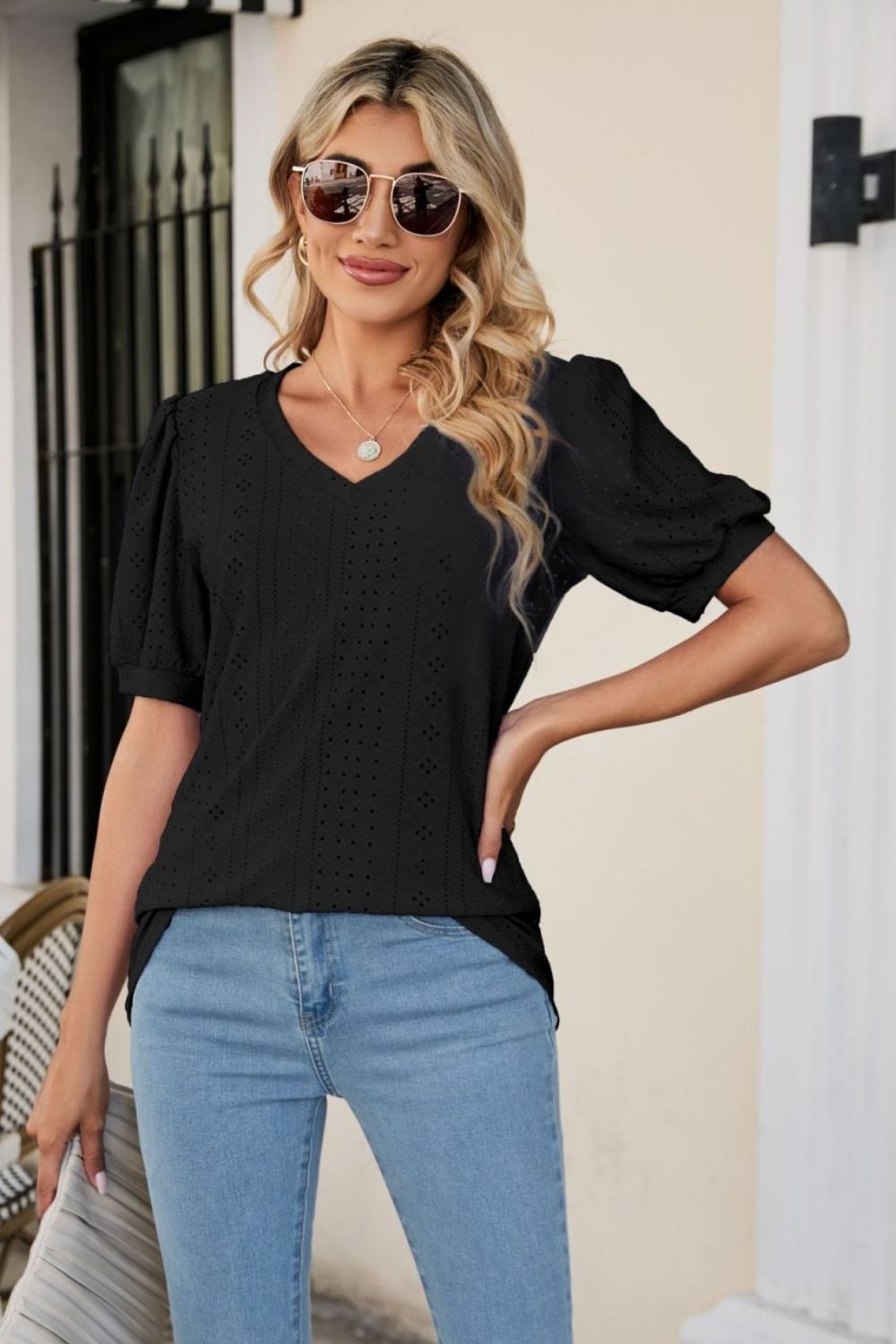 Eyelet Puff Sleeve V-Neck Top king-general-store-5710.myshopify.com