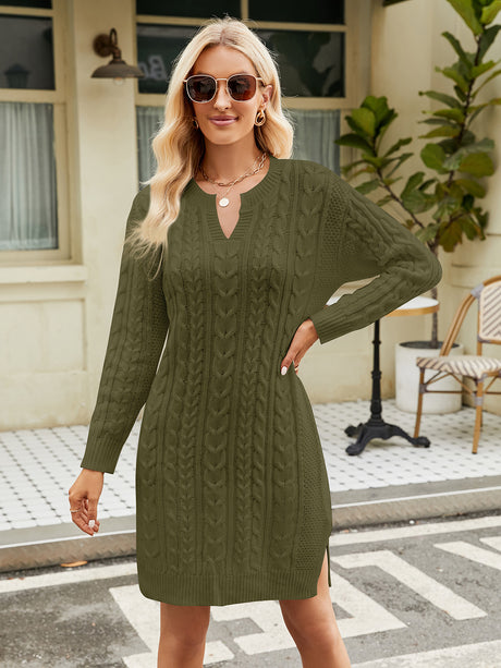 Notched Neck Cable-Knit Slit Sweater Dress king-general-store-5710.myshopify.com