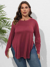 Plus Size Round Neck Long Sleeve Slit T-Shirt king-general-store-5710.myshopify.com