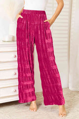 Double Take Full Size High Waist Tiered Shirring Velvet Wide Leg Pants king-general-store-5710.myshopify.com