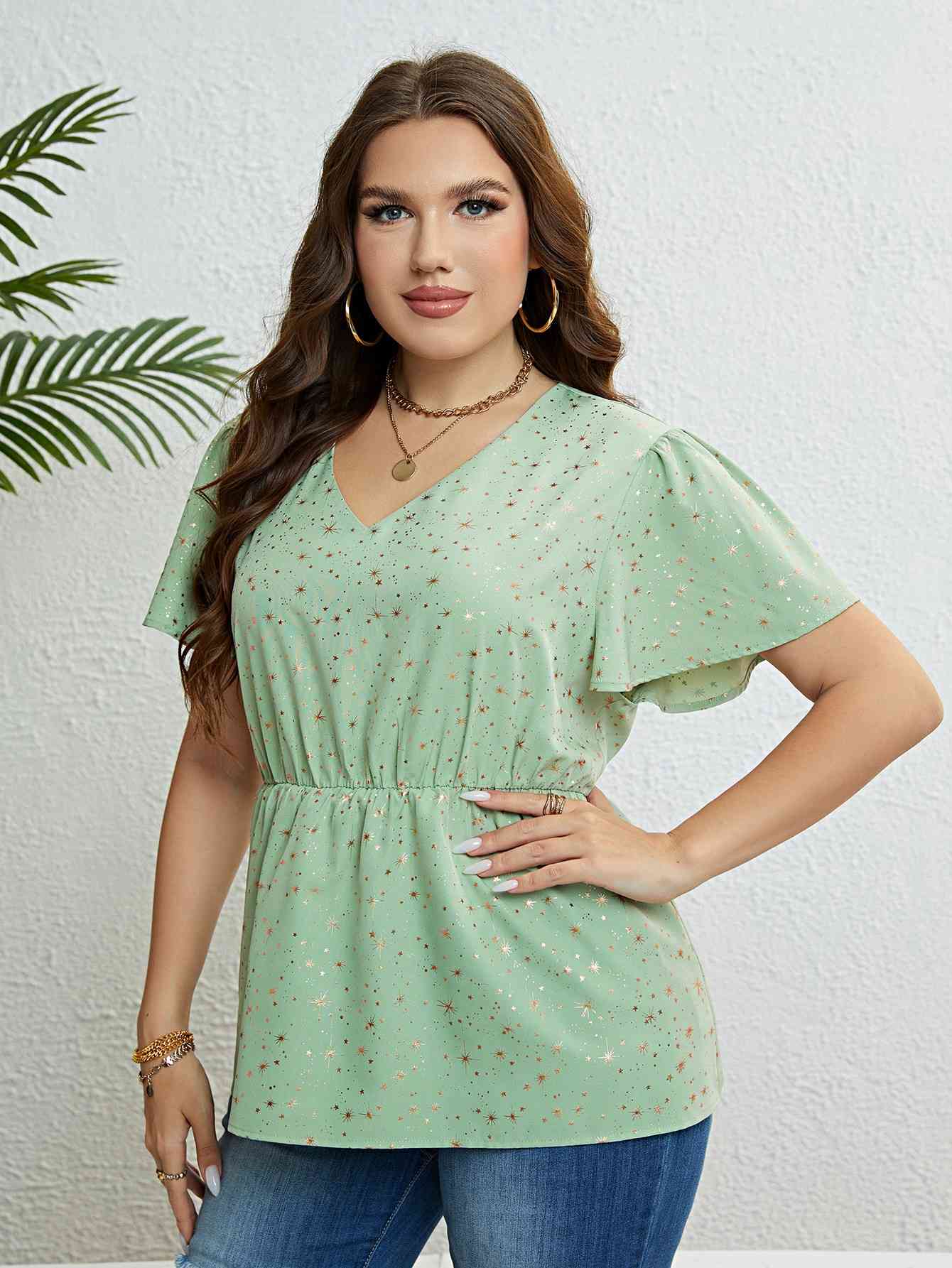 Star V-Neck Puff Sleeve Peplum Top king-general-store-5710.myshopify.com