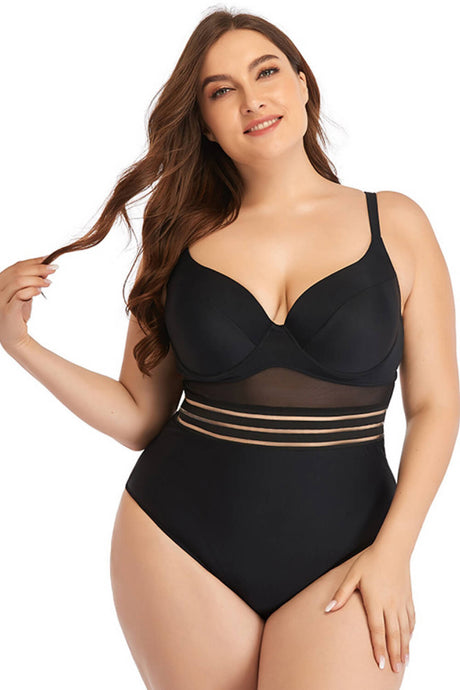 Plus Size Spliced Mesh Tie-Back One-Piece Swimsuit king-general-store-5710.myshopify.com