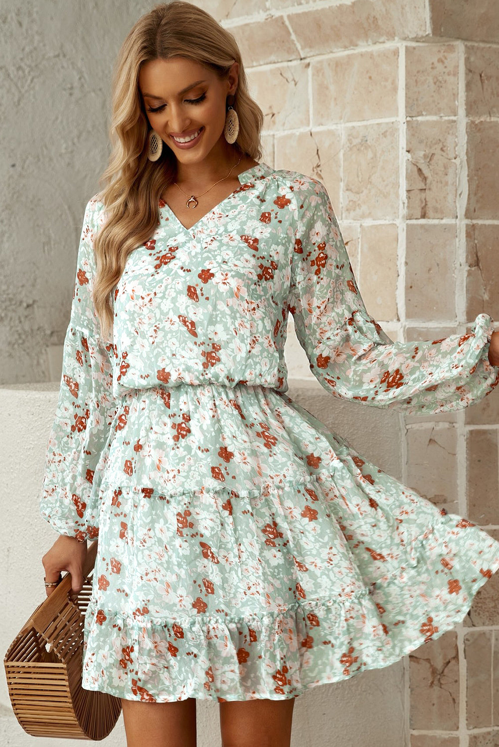 Floral Frill Trim Puff Sleeve Notched Neck Dress king-general-store-5710.myshopify.com