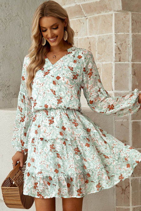Floral Frill Trim Puff Sleeve Notched Neck Dress king-general-store-5710.myshopify.com