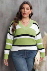 Plus Size Striped V-Neck Dropped Shoulder Sweater king-general-store-5710.myshopify.com