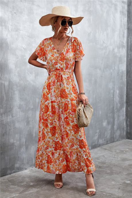 Floral Buttoned Drawstring Waist Tiered Dress king-general-store-5710.myshopify.com