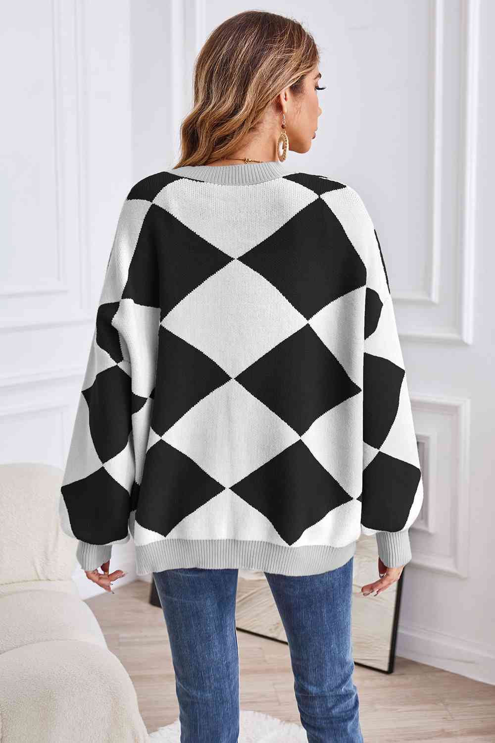 Geometric Lantern Sleeve Cardigan with Pockets king-general-store-5710.myshopify.com