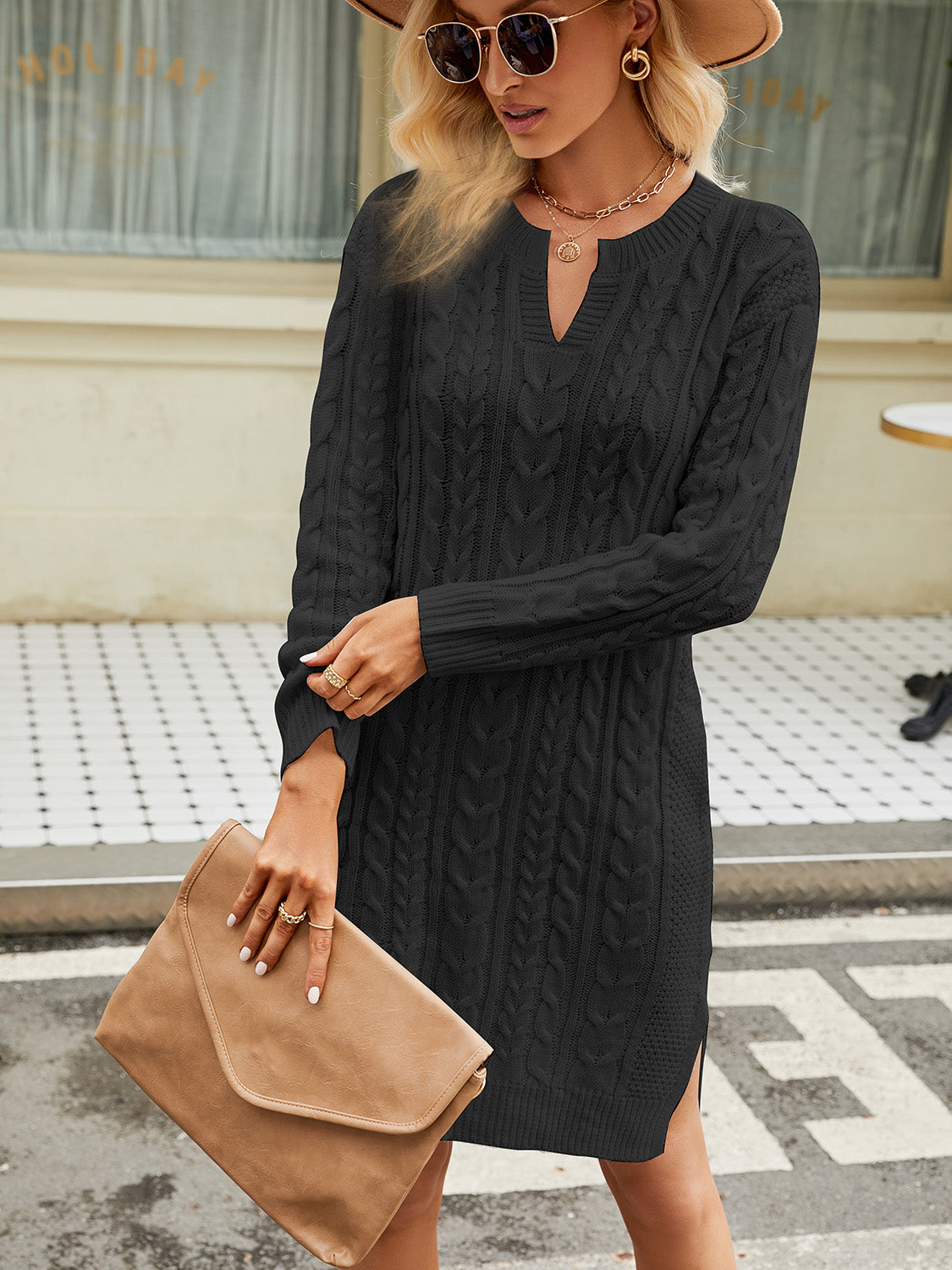 Notched Neck Cable-Knit Slit Sweater Dress king-general-store-5710.myshopify.com