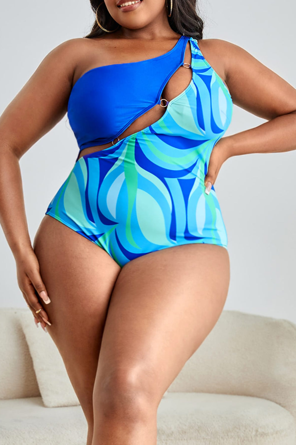 Plus Size Printed Ring Detail One-Shoulder One-Piece Swimsuit king-general-store-5710.myshopify.com