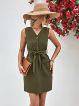 Buttoned V-Neck Belted Sleeveless Dress king-general-store-5710.myshopify.com