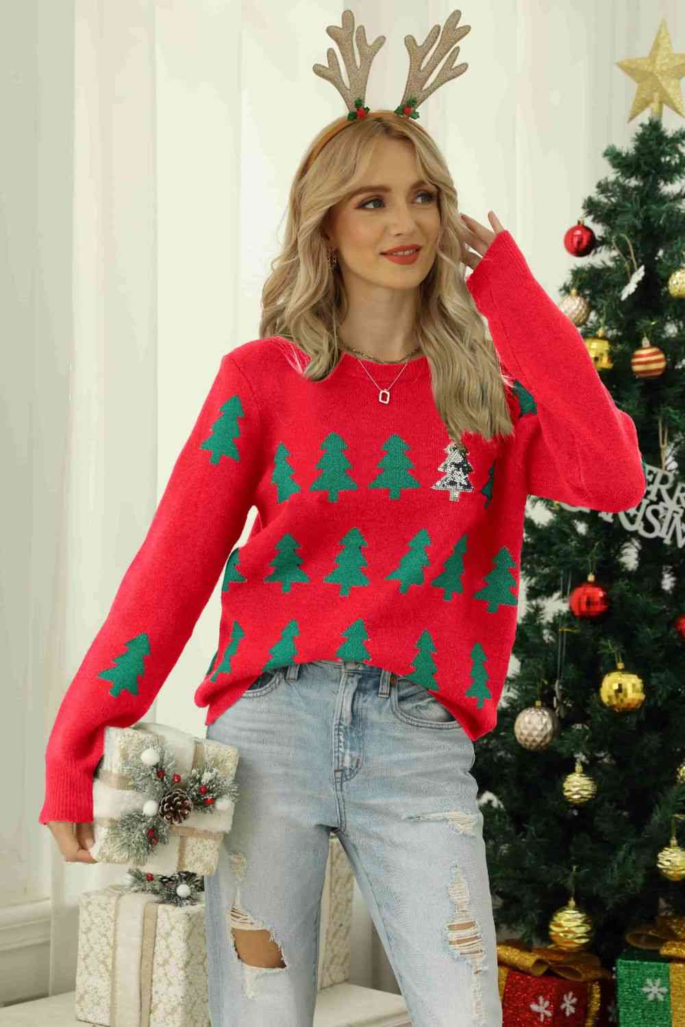 Christmas Tree Round Neck Ribbed Trim Sweater king-general-store-5710.myshopify.com