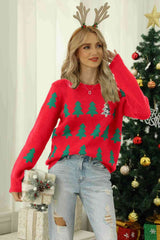 Christmas Tree Round Neck Ribbed Trim Sweater king-general-store-5710.myshopify.com