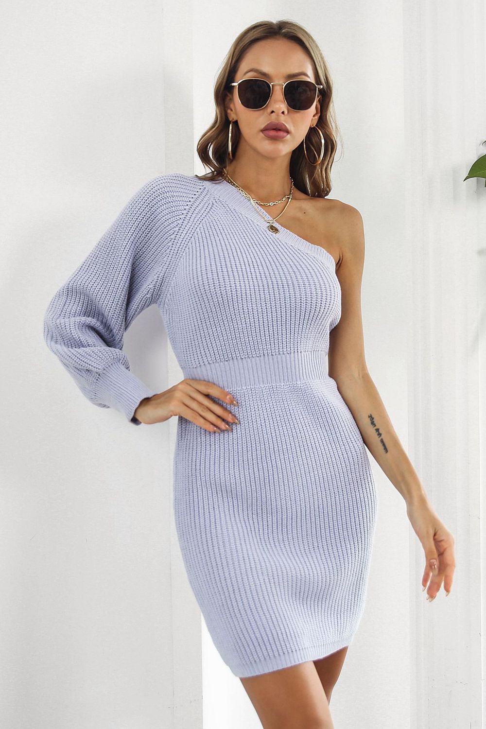 One Shoulder Raglan Sleeve Pencil Sweater Dress king-general-store-5710.myshopify.com