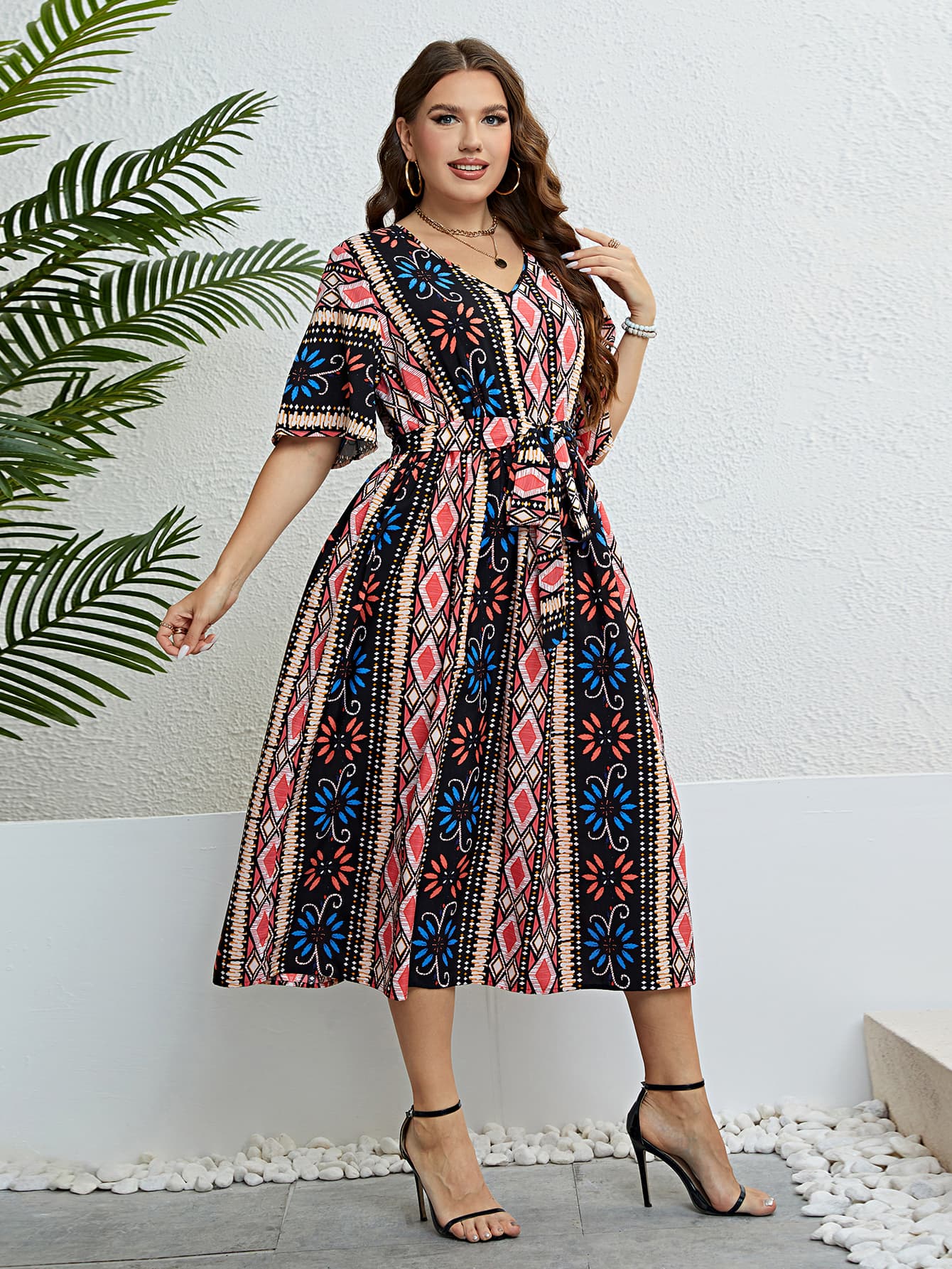 Plus Size Bohemian V-Neck Tie Belt Midi Dress king-general-store-5710.myshopify.com