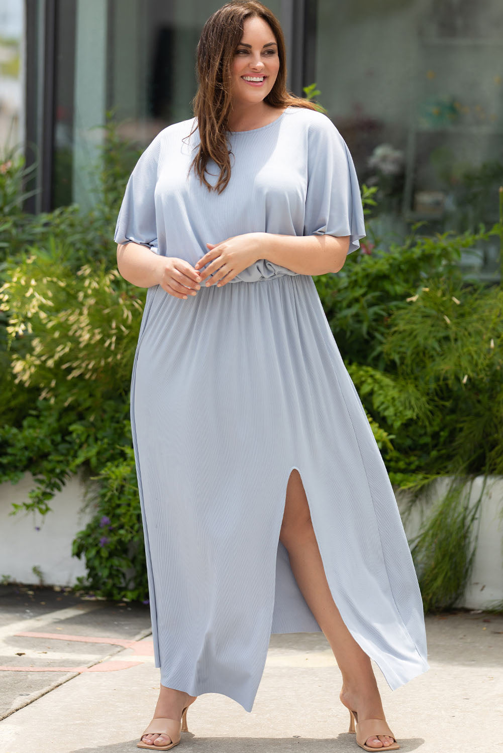 Plus Size Round Neck Split Flutter Sleeve Maxi Dress king-general-store-5710.myshopify.com